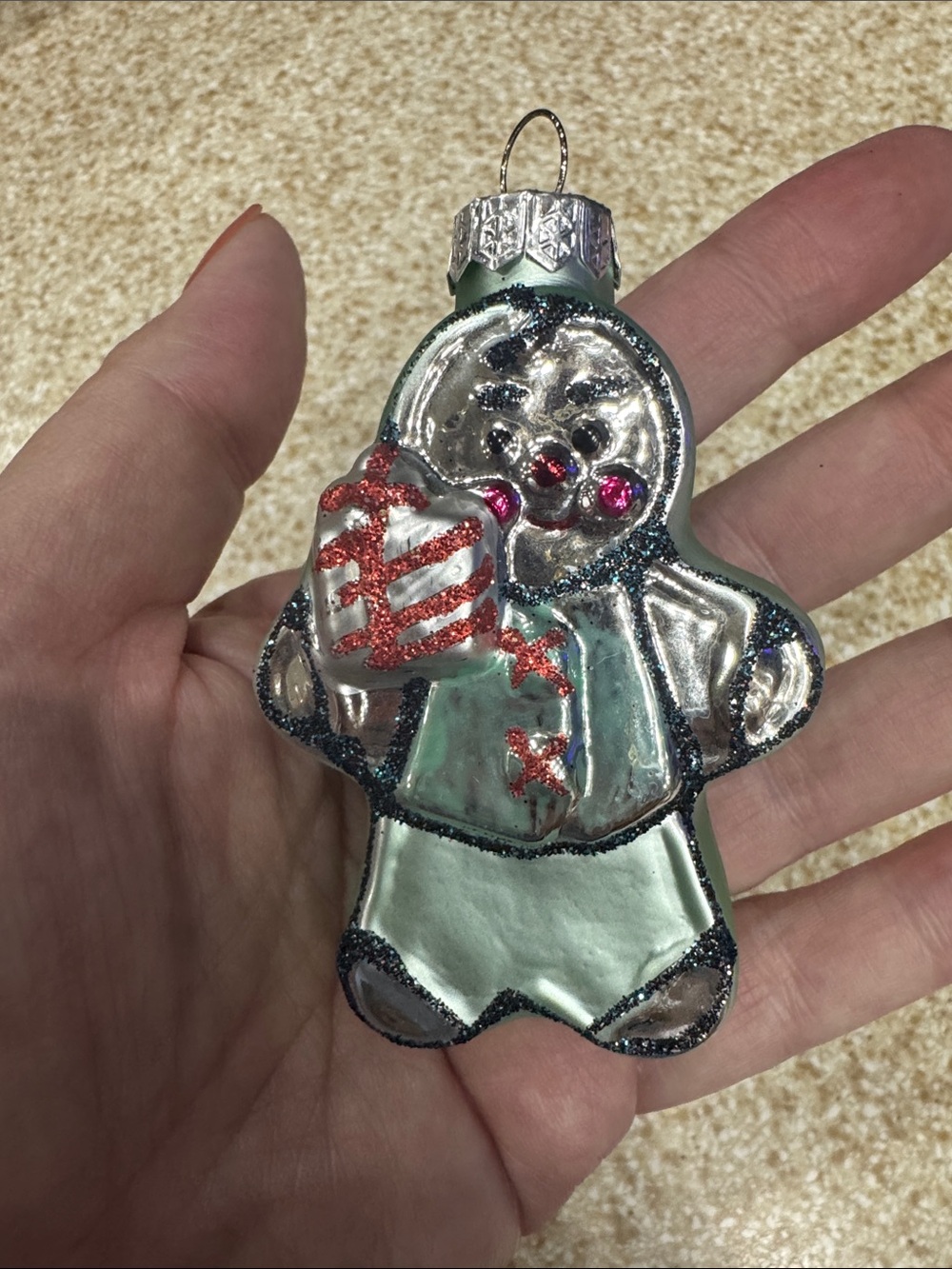 Handheld Silver & Light Green Glass Gingerbread Ornament